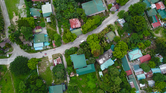 Aerial view of a small settlement in the forest. Road, buildings, roofs, forest.