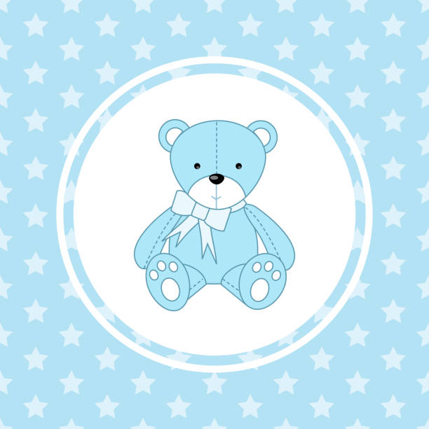 ilustraciones, imágenes clip art, dibujos animados e iconos de stock de osito de peluche - lindo diseño de personaje azul, tarjeta de llegada del bebé, fondo de color azul con pequeñas estrellas - nombres de oso de peluche