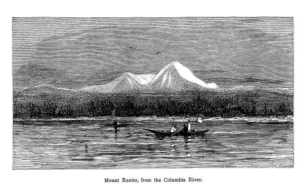 Mount Rainier, Washington | Historic American Illustrations "19th-century illustration of a view of Mount Rainierin the U.S. state of Washington. Engraving published in Picturesque America (D. Appleton & Co., New York, 1872). MORE VINTAGE AMERICAN ILLUSTRATIONS HERE:" mt rainier stock illustrations