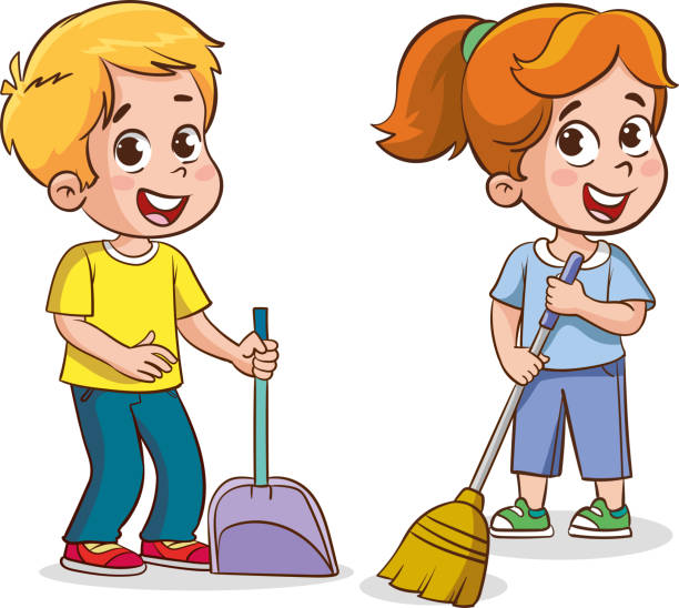 ilustrações de stock, clip art, desenhos animados e ícones de happy little children doing housework and cleaning together - domestic room child cartoon little boys