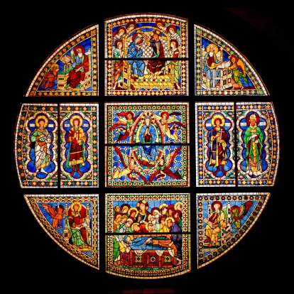 Saint aignan, france, april 09, 2022 : stained glasses windows of  the church of Saint-aignan, anonymous workshop, 19th century