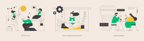 Stress management at work abstract concept vector illustrations. Stress management at work abstract concept vector illustration set. Office fun, meditation booth, coffee break, employee wellbeing, teambuilding activity, relax room, yoga break abstract metaphor. meditation room office stock illustrations