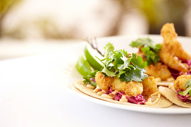 istock Griddled mahi fish tacos, cilantro and lime on corn tortillas 175381091