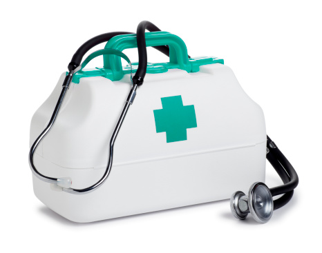 This is a photo taken in the studio of a first aid kit and stethoscope isolated on a white background. There is a clipping path included with this file.Click on the links below to view lightboxes.