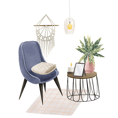 Composition with a blue velvet chair, next to a table with a photo frame and calathea, candles. Boho design. Minimalist Scandinavian style. Cute illustration