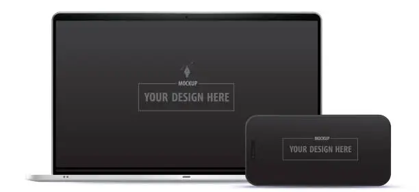 Vector illustration of Laptop computer and mobile phone with black 16:9 aspect ratio screens. Blank digital devices vector mockup designs isolated on white background.