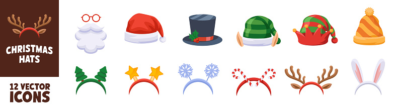 Christmas hats icon set. Flat style.