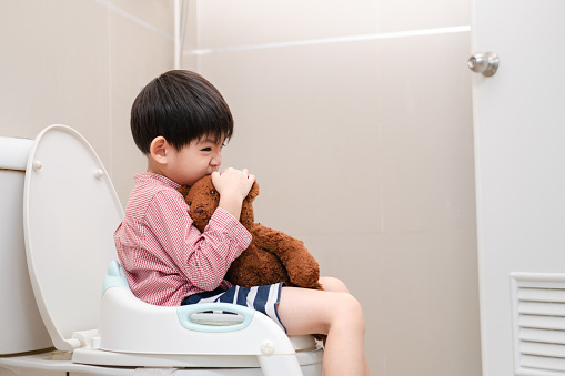 Asian boy Sitting on the toilet bowl in hand holding teddy bear