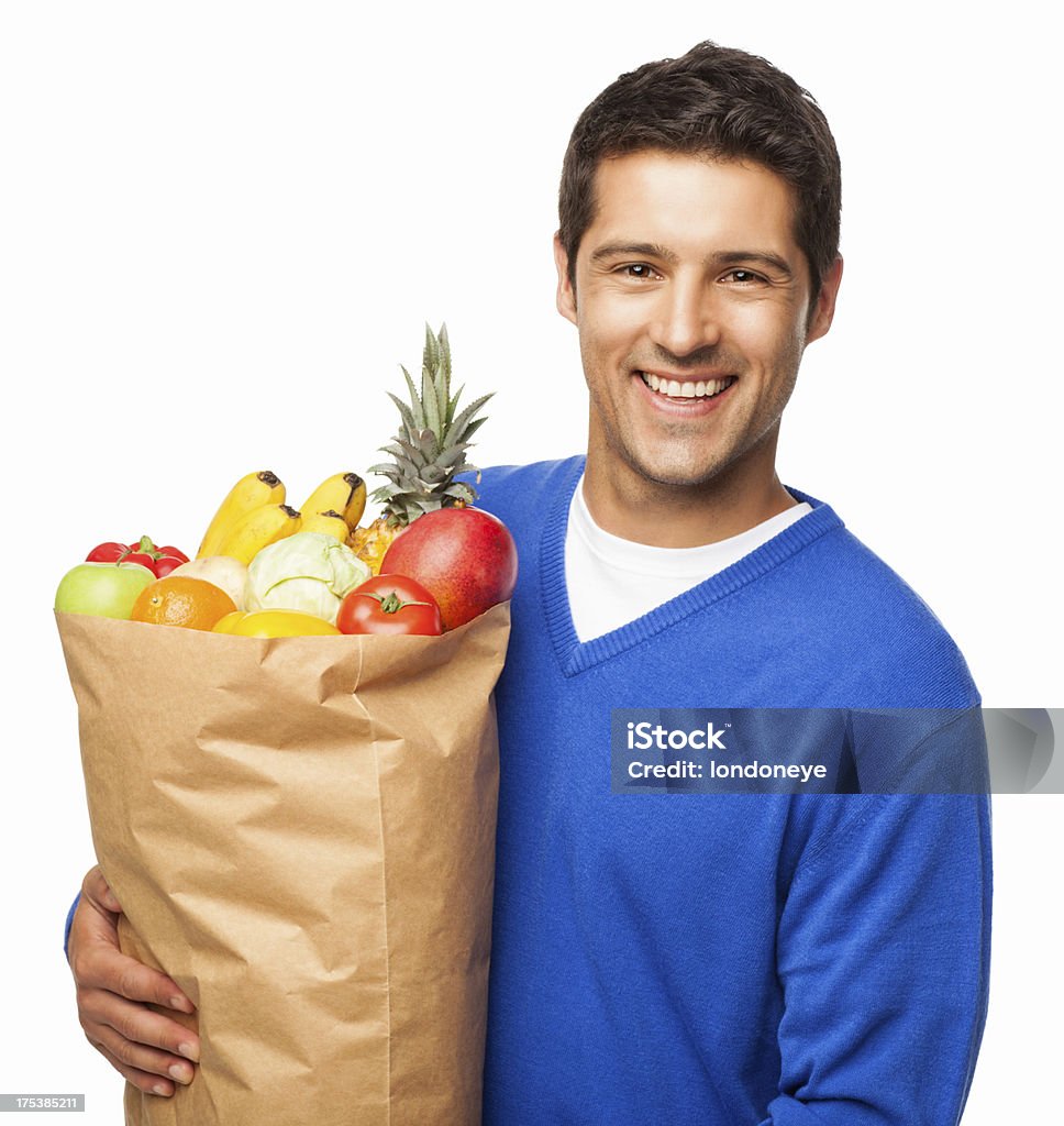 Hombre Bolsa grande de transporte de comestibles aislado - Foto de stock de Hombres libre de derechos