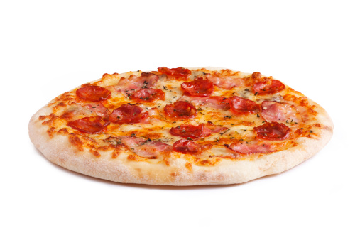 Pizza with bacon and chorizo in white background.