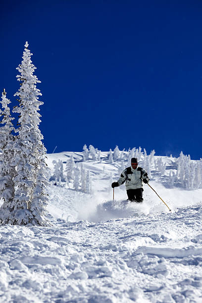 istock Man Skier in Action in Powder Snow With Clear Sky 175385739