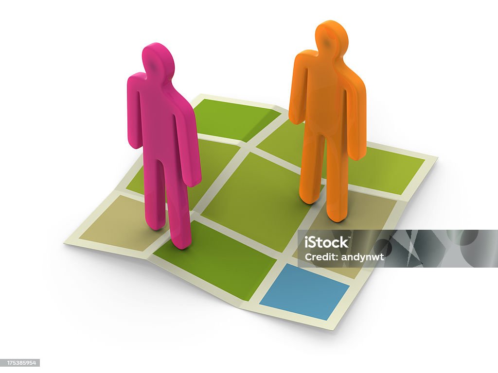 Direction Map Icon Two figurines standing on a map isolated on white background. (With clipping path) Business Stock Photo
