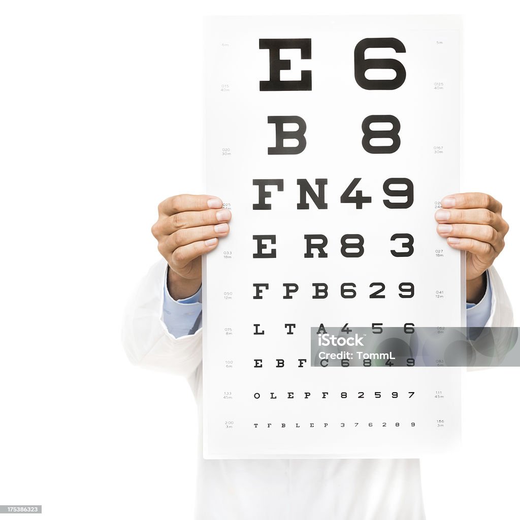 Doctor Holding Eye Test Chart At Camera Doctor holding a german/european eye test chart at camera. Squared composition shot on white. Eye Chart Stock Photo