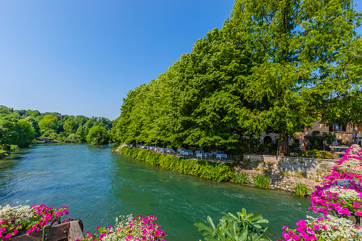 Called Sarca River before entering the northern side of Lake Garda, the Mincio River rises from the lake in the south, drains through Mantua and finally flows into the Po River. Borghetto di Valeggio sul Mincio, Verona, Italy. Valeggio sul Mincio, Verona, Italy. Canon EOS 5D Mark II
