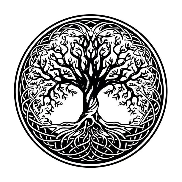 Vector illustration of Celtic tree of life decorative Vector ornament, Tattoo sketch. Grunge vector illustration of the Scandinavian myths with Celtic culture.