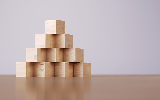 3d Render Pyramid Made of Wooden Blocks, Success, business, Growth Concept. (Depth Of Field)