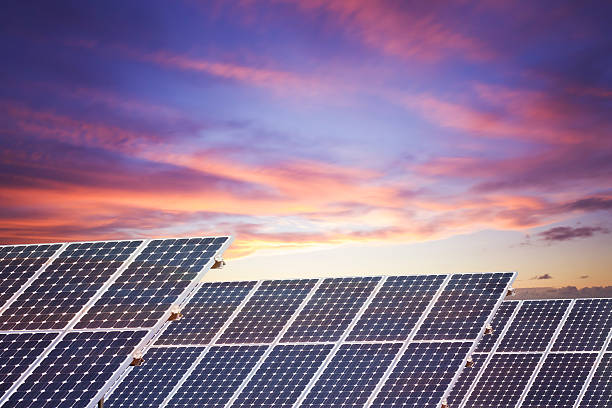 Solar panels at sunset stock photo