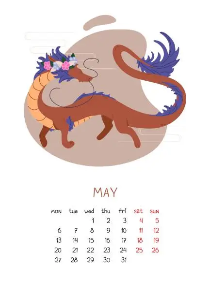 Vector illustration of Vertical A4 calendar format for new year 2024 with Chinese dragon. Timetable for month May with traditional symbol of Lunar New Year. Vector illustration design for print on isolated white background.