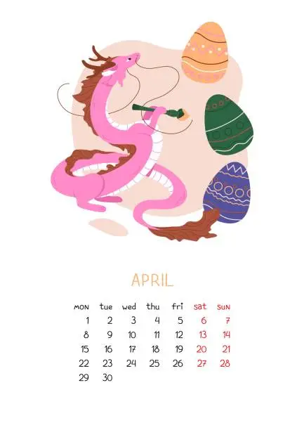 Vector illustration of Vertical A4 page format for spring month of April 2024. Pink Chinese dragon decorates Easter eggs for holiday. Symbol of Chinese Lunar New Year 2024. Vector illustration isolated on white background