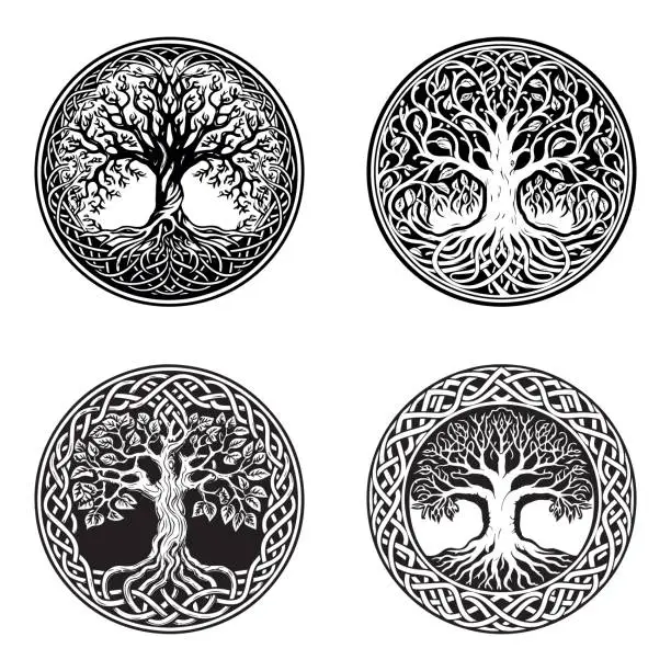 Vector illustration of set of Celtic tree of life decorative Vector ornament, Tattoo sketch collection. Grunge vector illustration of the Scandinavian myths with Celtic culture.