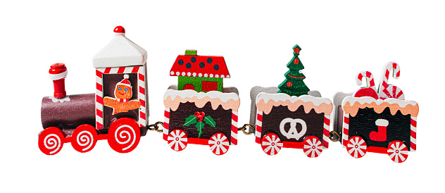 Christmas wooden train, isolated on white or transparent background cutout.
