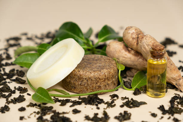 istock Solid shampoos made from ginger, green tea and oils. Natural cosmetics for hair care. 1753875277