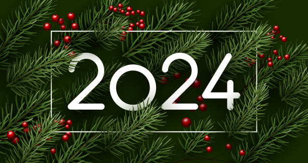 ilustrações de stock, clip art, desenhos animados e ícones de happy new year with frame and white paper 2024 lettering on green background with fir branches and red berries. - tree single word green fruit