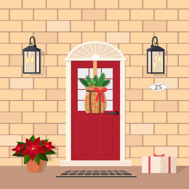 ilustrações de stock, clip art, desenhos animados e ícones de cute red front door with christmas decoration, lantern, gift and poinsettia - doormat door christmas holiday