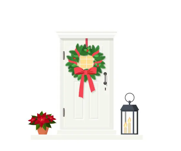 Vector illustration of Cute white front door with Christmas wreath, isolated on white background