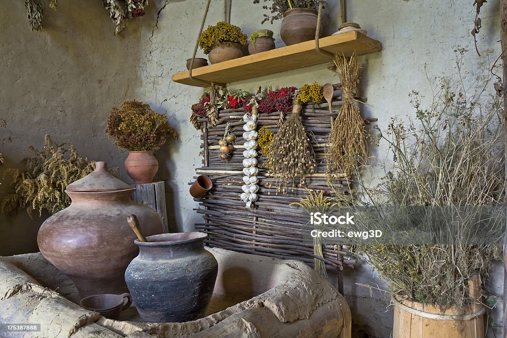 the old pantry old pantry with clay bowls and herbsSee more OLD INTERIORS images here: Caraway Stock Photo