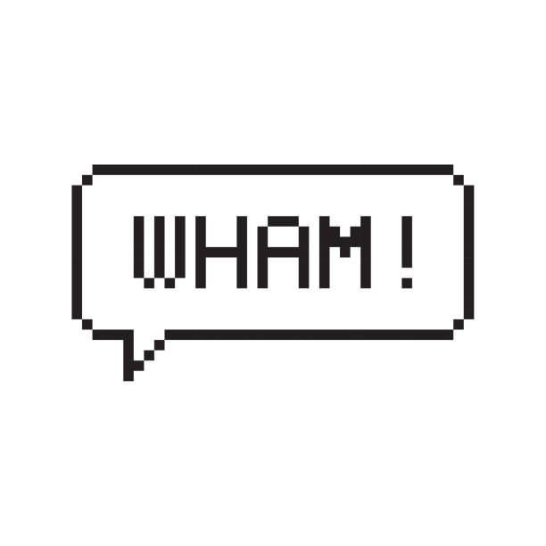 Wham pixel art lettering typography in speech bubble. Wham pixel art lettering typography in speech bubble on white background. handwritten-pixel-font stock illustrations