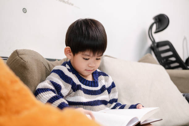 istock Asian boy reading a book on the sofa Learning outside the classroom 1753886654