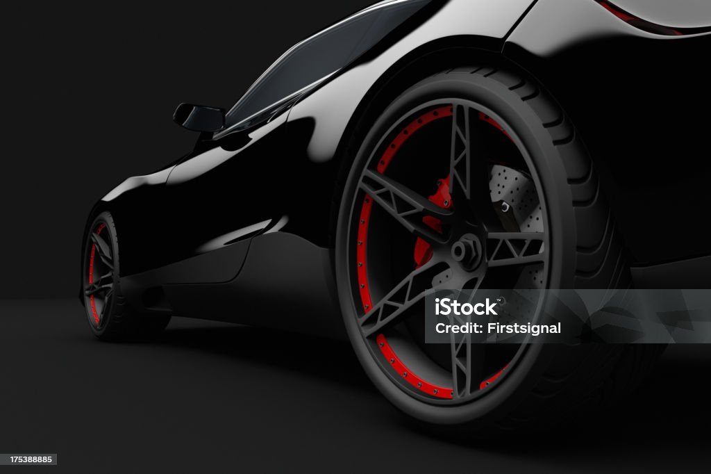 Black sport car on dark background "3D Rendering image showing a concept design made by my own. This is one image out of a series with different angles. This is the perfect stuff for people how need race cars, supersport cars without any manufacture brand." Sports Car Stock Photo