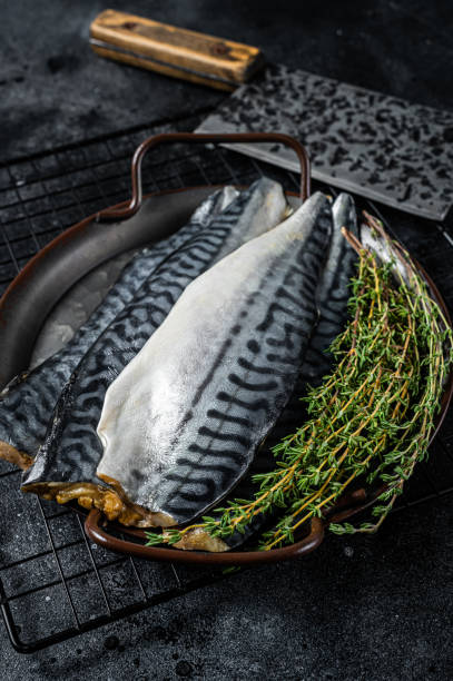istock Raw Fresh fillet mackerel fish. Black background. Top view 1753889594