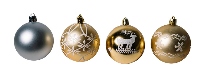 Gold Ornamental Christmas balls, isolated on white or transparent background cutout.