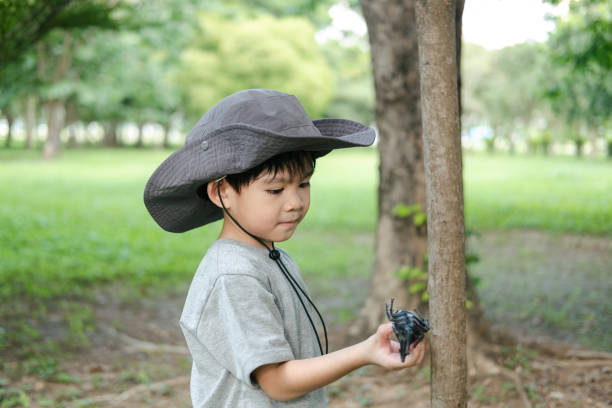 istock An Asian boy wearing a hat in a forest exploration suit plays with a beetle on his hand. 1753892072