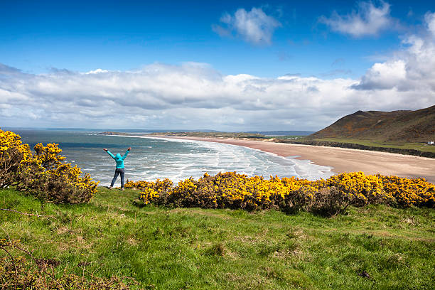 Woman enjoying freedom at Rhossili bay, South Wales View across the bay from the GowerOther images of South Wales: gower peninsular stock pictures, royalty-free photos & images