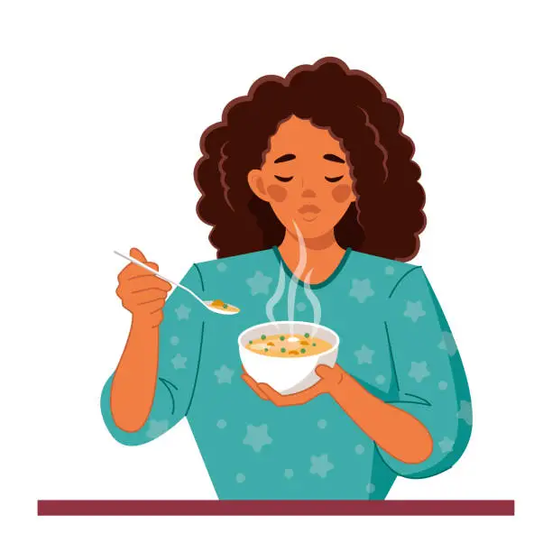 Vector illustration of A young African American woman eats a hot delicious soup. Conceptual illustration