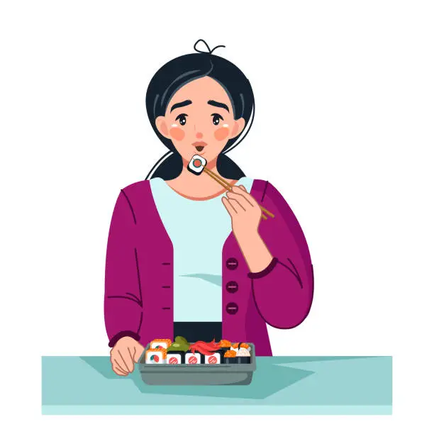 Vector illustration of A young Asian woman eats fresh delicious sushi. Conceptual illustration