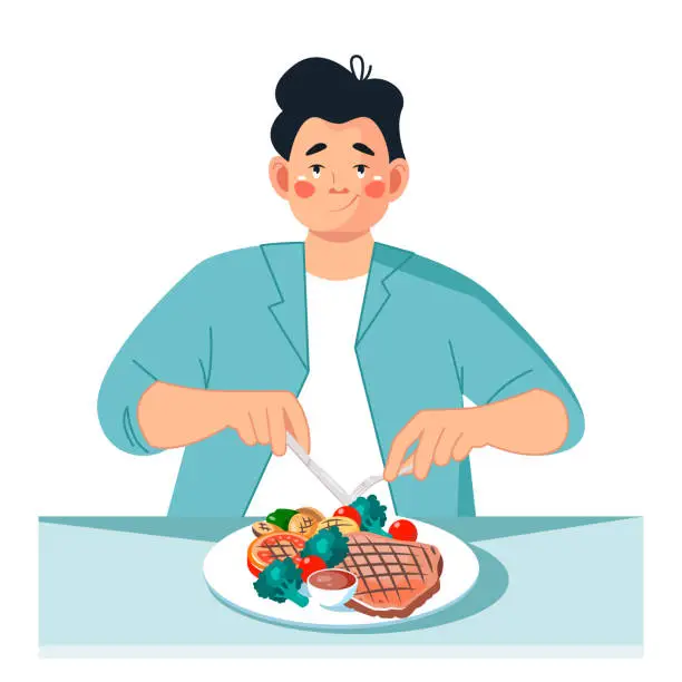 Vector illustration of A young man eats a fried steak with vegetables. Conceptual illustration. Vector