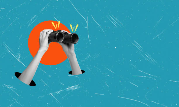 contemporary artistic collage depicting hands holding binoculars against a blue background with space for text. - bulunuş stok fotoğraflar ve resimler