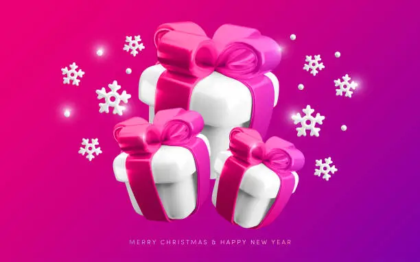 Vector illustration of Merry Christmas and Happy New Year neon background. Vector 3d gifts and snowflakes greeting banner. Falling present boxes, snow on vibrant colorful gradient background. 3d render Xmas illustration