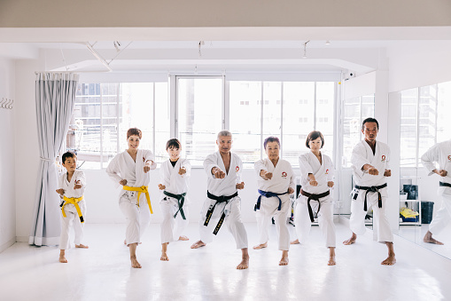 A diverse group of Japanese karate practitioners gathers for a memorable class photo, reminding us of the martial art's ability to bring people from all walks of life together