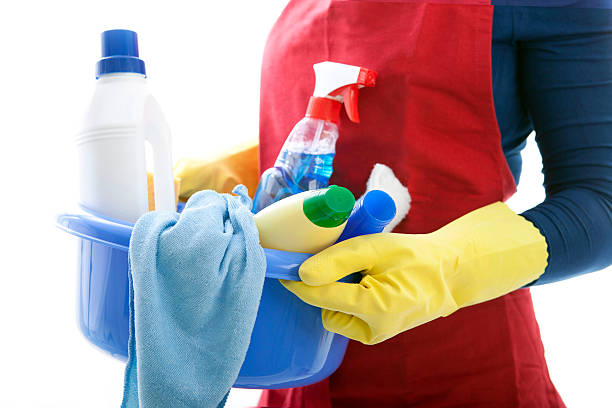 istock woman holding a basket with cleaning materials 175389651