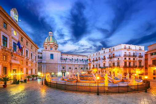Palermo, Italy. Famous Piazza Pretoria, historical dowtown of Sicily capital city.