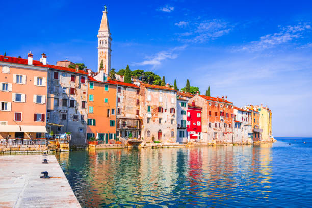 Rovinj, Croatia. Old town harbor, sunny day with blue sky. Adriatic Sea, Istria Peninsula. stock photo