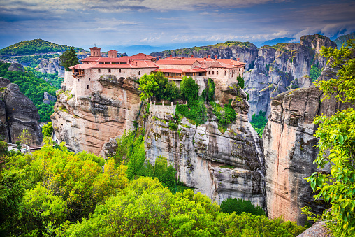 Meteora, Greece. Monastery of Varlaam and famous sandstone rock formations and world Greek heritage.