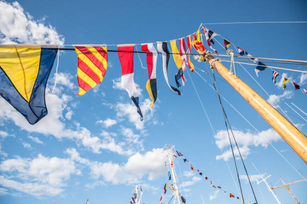 Looking up a ship mast with signal flags.