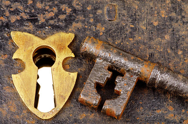 istock Large Old Brass Keyhole Escutcheon Plate And Key 175390107