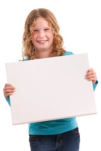 Children market advertisement. Girl kid holds blue blank surface copy space. Advertisement concept. Child cute girl looking happy while carries blue paper. Kid cheerful face sincere recommendation.